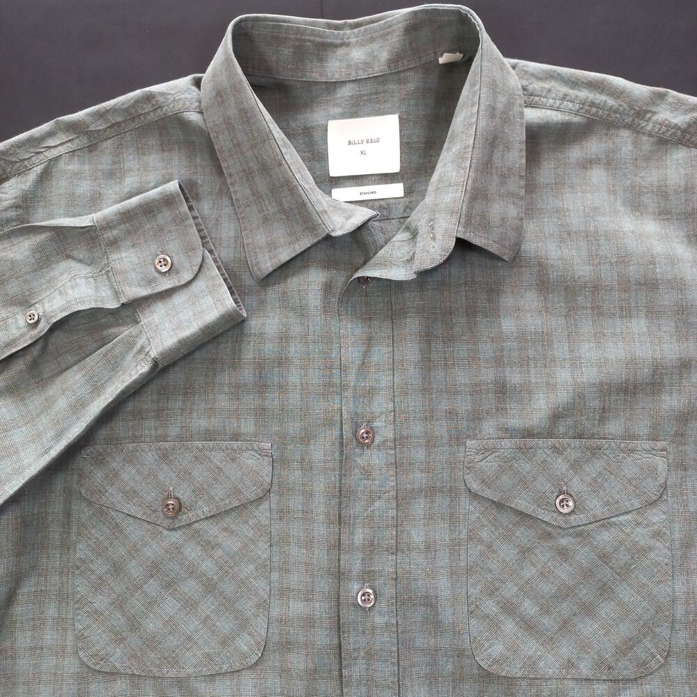 Billy Reid Standard Shirt Mens XL Grey Green Checked Cotton Long Sleeve Luxury
